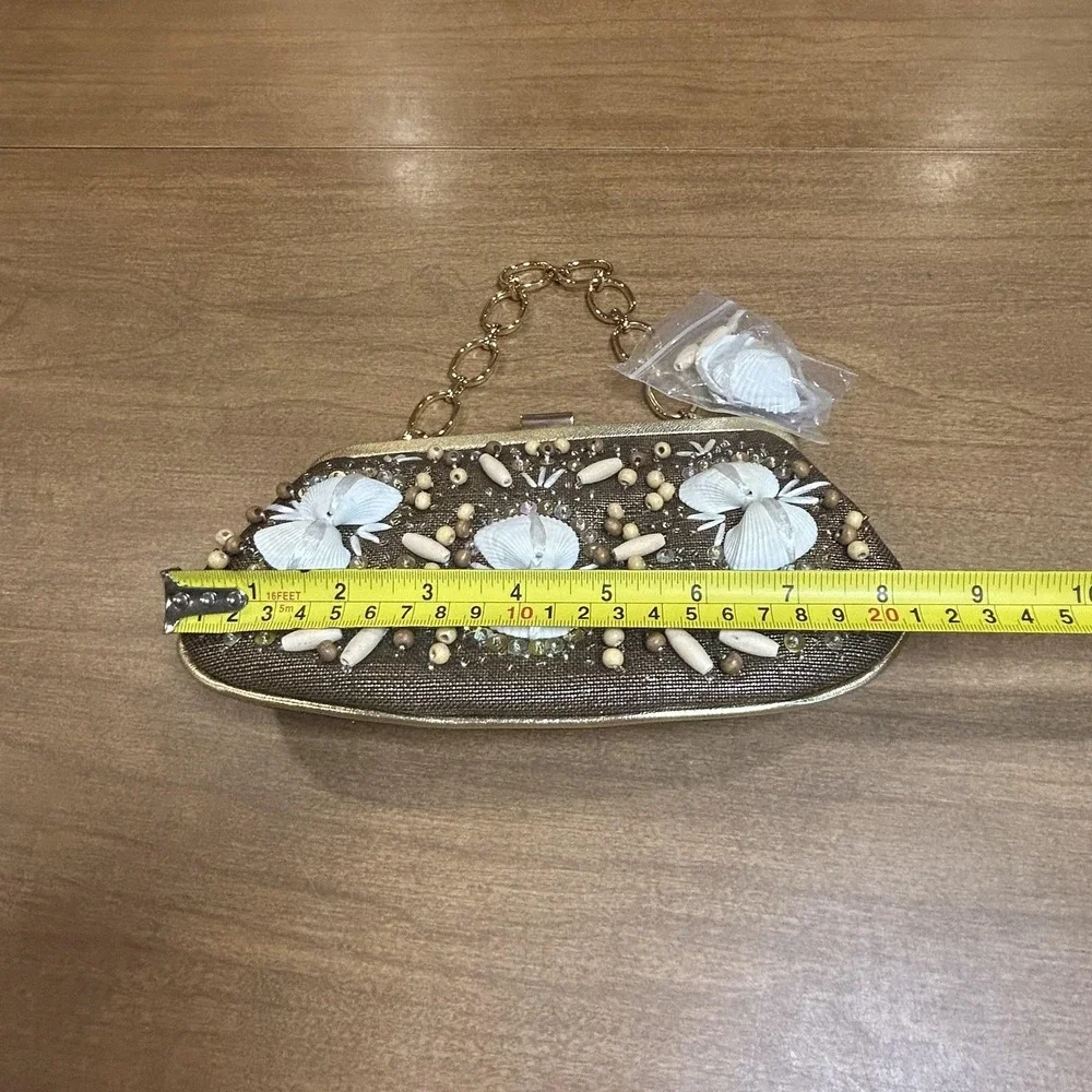 Rafe Clutch‎ Bag Womens Small Brown Straw Shell Beaded Chain Beach Purse